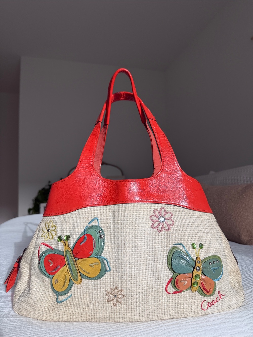 Vintage Coach Butterfly Raffia Tote Y2K Rare Authentic w/ COA